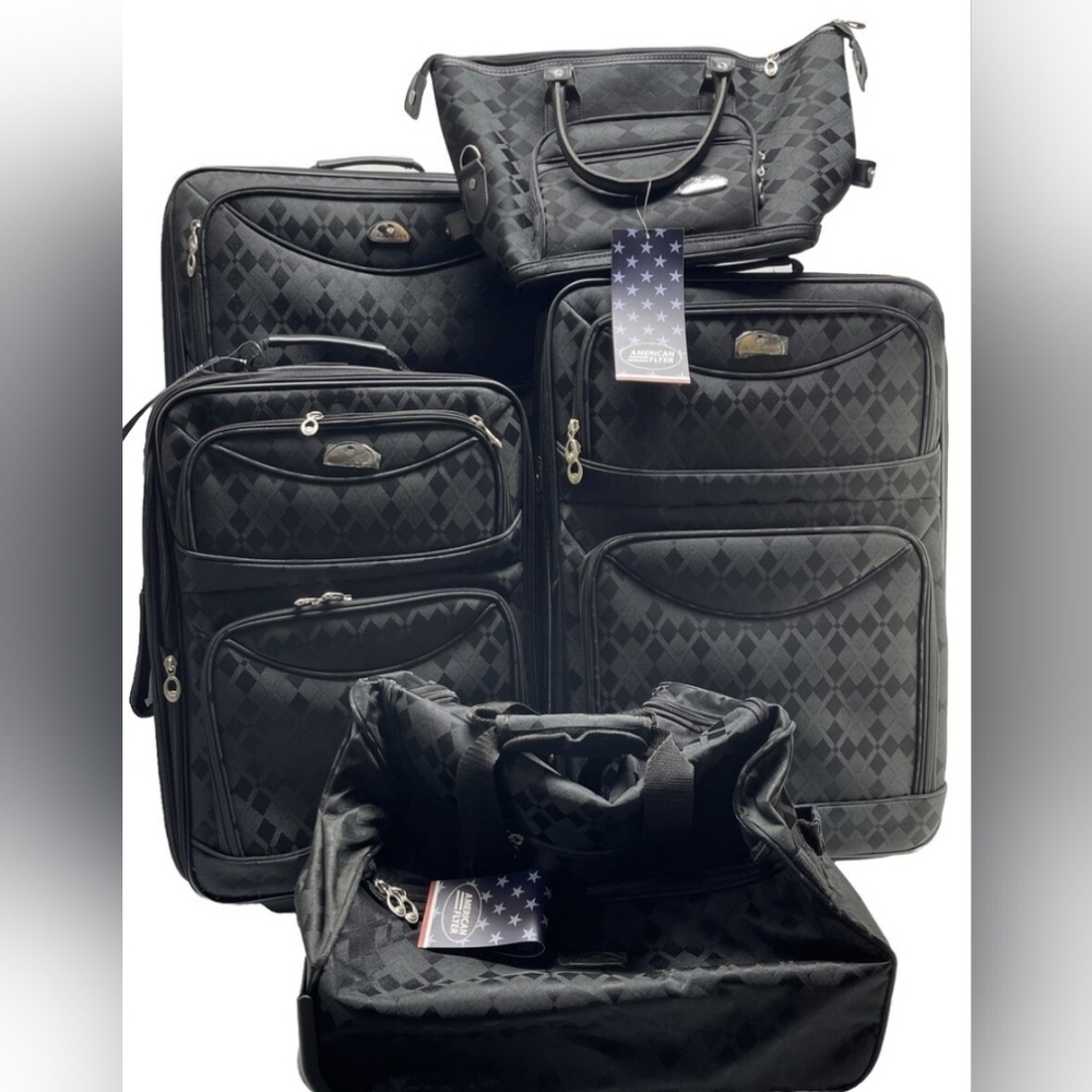 American Flyer black argyle 5pc luggage set